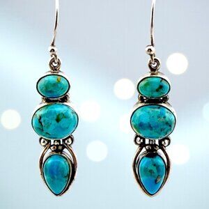 Vintage Sterling Silver Turquoise Dangle Earrings – Modernist 3-Stone Design